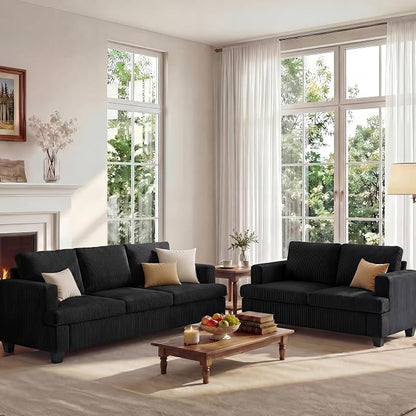 Apicizon Loveseat & 3 Seater Sofa Sets, 89" Couch Sofa Set for Living Room Furniture, 2 Piece Modern Sleeper Sofa with Deep Seat Cloud Couch for Apartment Lounge, Black Corduroy