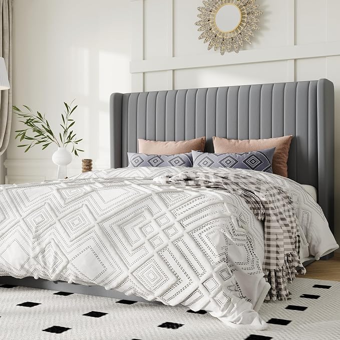 Allewie Queen Size Lift Up Storage Bed Frame, Hydraulic Support System, Upholstered Platform Bed Frame, Underneath Storage, Vertical Channel Tufted Headboard with Wingback, No Box Spring Needed, Grey