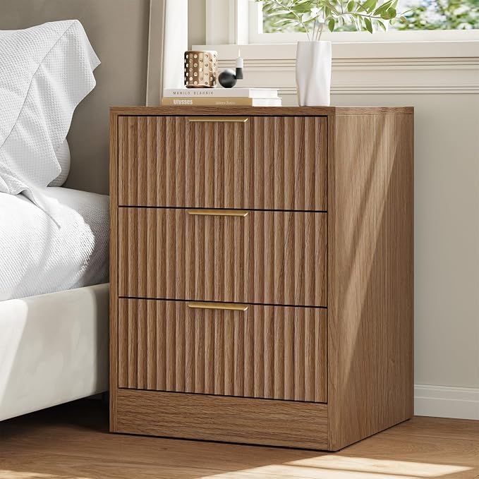 8 Drawer Dresser & 3 Drawer Nightstand Set 3-Piece, Tall Fluted Dresser and Night Stand Set of 2 w/Metal Handle, Modern Wood Chest of Drawers Storage Dressers Set for Bedroom, Natural Wood