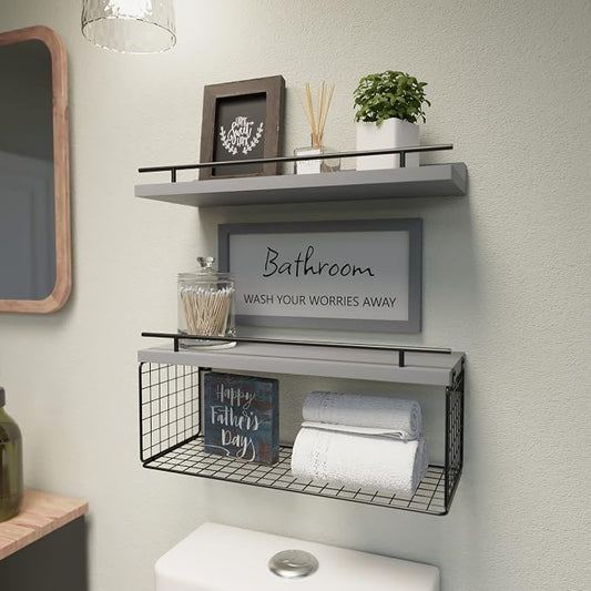 WOPITUES Floating Shelves for Wall Decor Sign, Bathroom Organizers and Storage, Bathroom Shelves Over Toilet with Metal Guardrail-Modern Grey
