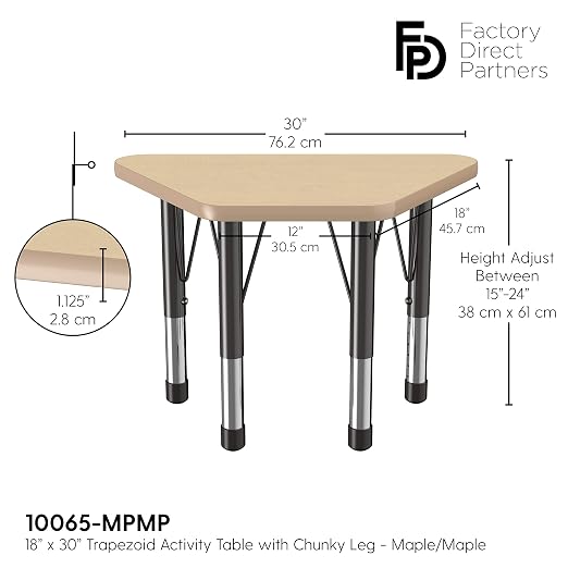 FDP Trapezoid Activity School and Classroom Kids Table (18 x 30 inch), Chunky Toddler Legs for Collaborative Seating Environments, Adjustable Height 15-24 inches - Maple Top and Maple Edge