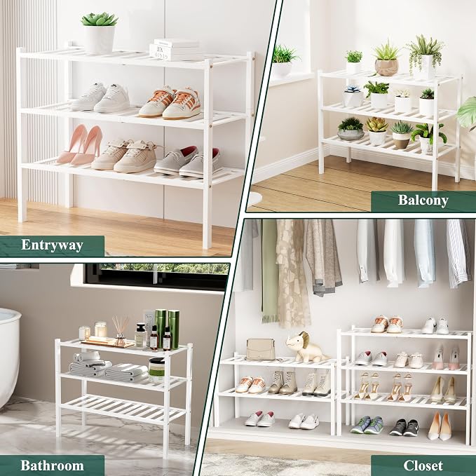Smiry Small Bamboo Shoe Rack, 5 Tier Free Standing Wooden Shoe Organizer, Stackable Wood Shoe Storage Shelf for Closet, Entryway, 12 Vertical Slats, 2+2+1 Stack Standard Legs, 17.3"x11"x32.5", White