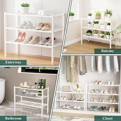 Smiry Bamboo Shoe Rack, 6 Tier Free Standing Wooden Shoe Organizer, Stackable Wood Shoe Storage Shelf for Closet, Entryway, 12 Vertical Slats, 2+2+2 Stack Standard Legs, 26.8"x11"x39", White
