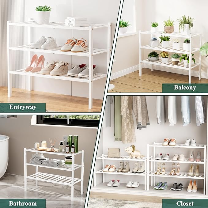 Smiry Small Bamboo Shoe Rack, 3 Tier Free Standing Wooden Shoe Organizer, Stackable Wood Shoe Storage Shelf for Closet, Entryway, 12 Vertical Slats, 2+1 Stack Standard Legs, 17.3"x11"x19.5", White