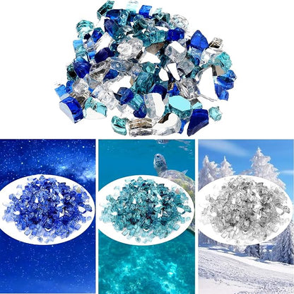 Onlyfire 10 Pounds Blended Reflective Fire Glass for Fire Pit Fireplace and Landscaping, 1/2 Inch Mixed Colored High Luster Fireglass Rocks for Outdoor and Indoor Use - Aqua Blue+Platinum+Cobalt Blue