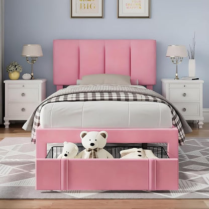 VECELO Twin Size Bed Frame with Storage Drawer, Heavy-Duty Bedframe with Tufted Headboard & Wooden Slats & Steel Framework, No Box Spring Needed, Pink