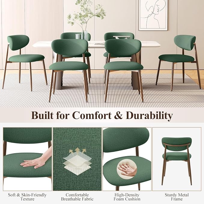 MALOL Upholstered Dining Chairs Set of 6, Curved Back Kitchen Chairs with Metal Legs and Anti Slip Pads, Dining Room Chair for Home and Restaurant, Green