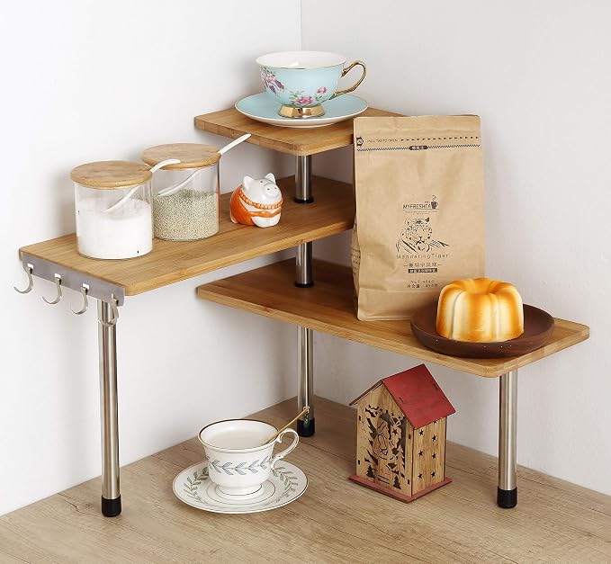 3-Tier Corner Shelf, Bamboo & Metal Storage Rack with Hooks, Adjustable Countertop Organizer for Kitchen, Bathroom, Bedroom or Office