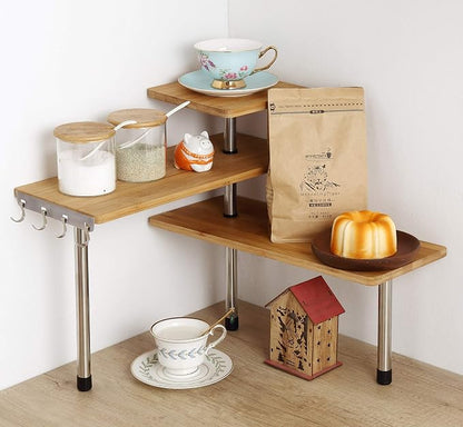 3-Tier Corner Shelf, Bamboo & Metal Storage Rack with Hooks, Adjustable Countertop Organizer for Kitchen, Bathroom, Bedroom or Office