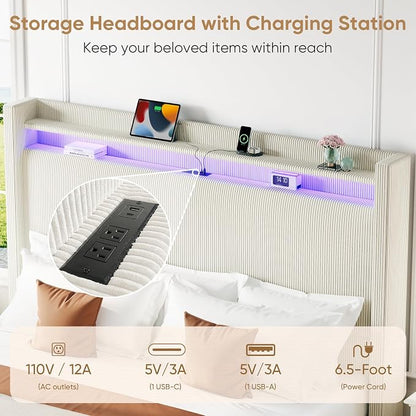 King Size Bed Frame with Tall Headboard, 55.3" Upholstered Platform King Bed Frame, Elegant Corduroy Wingback Bed with LED Lights & Charging Station, No Box Spring Needed, Solid Wood Slats, Cream