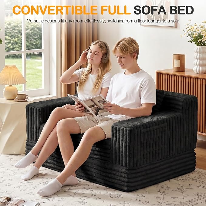 Erament Boneless Loveseat Convertible Sofa Bed, Folding Floor Futon Sleeper Sofa Couch Bed- Boneless Foldable Couch, Furry Pull Out Sofa Bed with 2 Pillows for Living Room & Bedroom