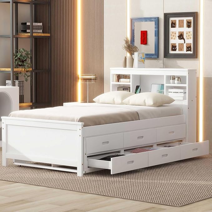 Merax Twin Size Platform Bed with Storage Headboard, USB, Wood Bedframe with Twin Size Trundle and 3 Drawers, White