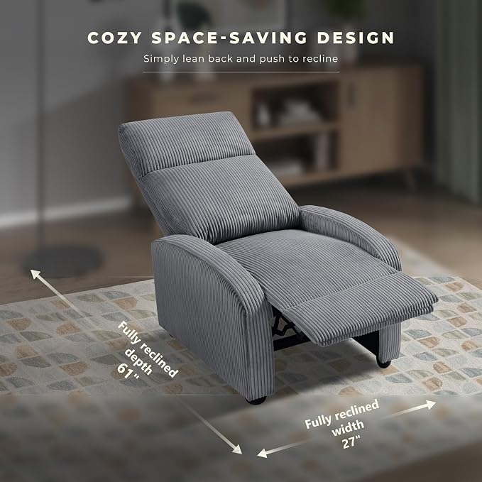 Lexicon Corduroy Pushback Recliner Chair Armchair Push Back Recliner, Solid Wood Frame and Metal Base, Easy Assembly Small Soft Single Sofa Accent Chair for Living Room/Office/Apartment, Dark Grey