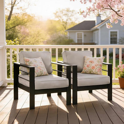 Kiss the Water 2 PCS Aluminum Outdoor Patio Sofa Set, All Weather Rust-Proof Metal Patio Couch, Modern Outdoor Furniture for Backyard Porch Garden, 5" Thick Waterproof Olefin Cushions, Light Grey