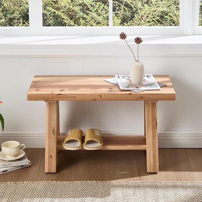Farmhouse Solid Wood Entryway Bench, 30 Inch Small Narrow Storage Bench with Shelf, Rustic Wooden Shoe Bench for Entryway, Mudroom, or Hallway Seating, Natural