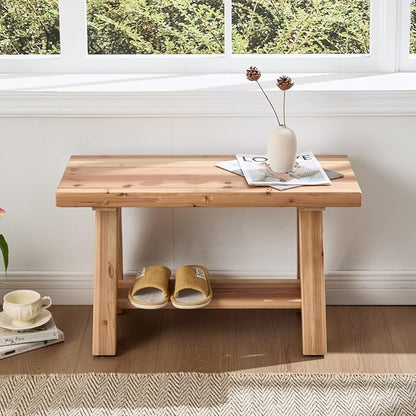 Farmhouse Solid Wood Entryway Bench, 30 Inch Small Narrow Storage Bench with Shelf, Rustic Wooden Shoe Bench for Entryway, Mudroom, or Hallway Seating, Natural