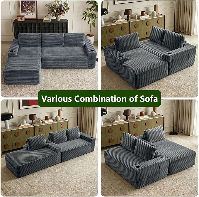 104.3" Modular Sectional Sofa,Modern Corduroy Cloud Couch with Cup Holder & Side Pockets,Boneless Couch Upholstered 3-Seater L-Shaped Sofa for Living Room,No Assembly (Dark Grey, Left-Facing Chaise) | with Cup Holder
