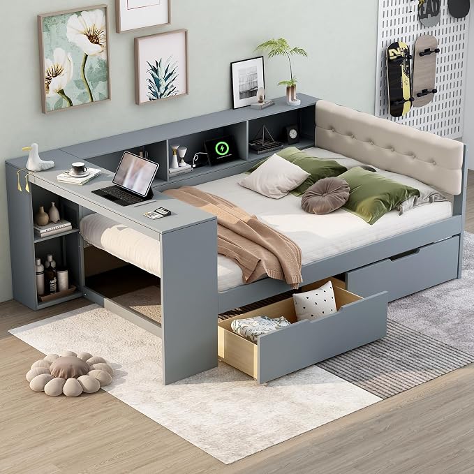 Ball & Cast Full Size Wood Daybed with Storage Shelves and Built-in Desk,Platform Bed w/Under-Bed Drawers & Charging Station,Upholstered Headboard,No Box Spring Needed,for Student Dorms,Gray