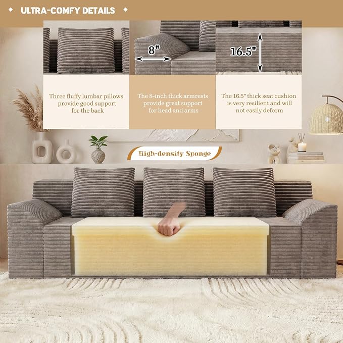 71" Corduroy Living Room Sofa, 3 Setaser Deep Seat Couch with 3 Lumbar Pillows, Comfy Boneless Sofa Modern Compressed Couch for Bedroom, Office, Apartment, No Assembly, Curved Armrests (Camel)