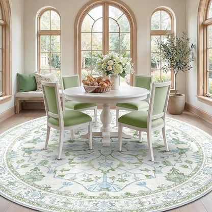 RELEANY Area Rugs Round 8ft Washable Non-Slip, Floral Vintage Distress Medallion Carpet for Living Room Bedroom Dining Room, Green White Blue