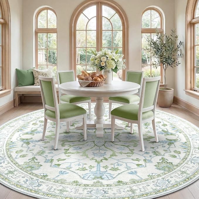 RELEANY Area Rugs Round 10ft Washable Non-Slip, Floral Vintage Distress Medallion Carpet for Living Room Bedroom Dining Room, Green White Blue