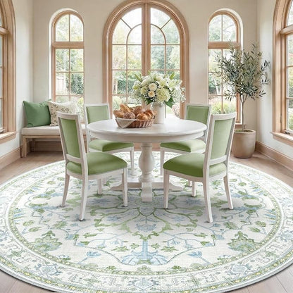 RELEANY Area Rugs Round 10ft Washable Non-Slip, Floral Vintage Distress Medallion Carpet for Living Room Bedroom Dining Room, Green White Blue