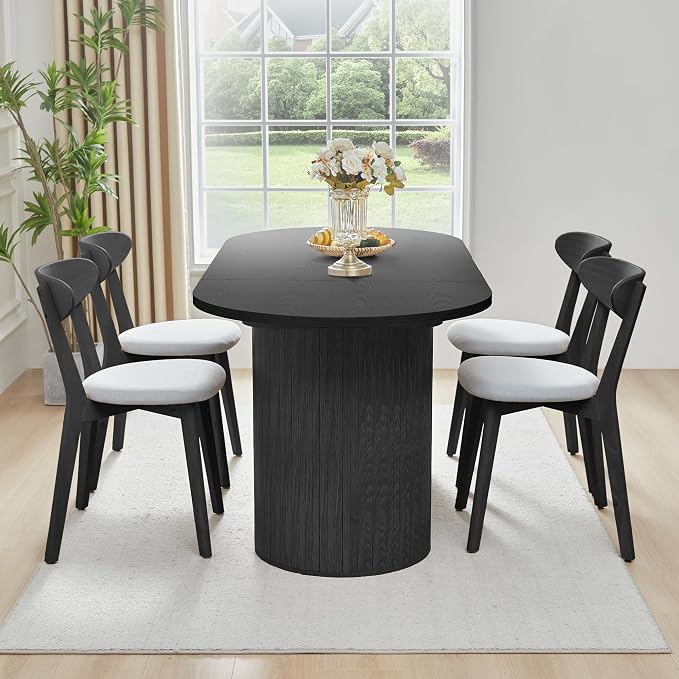 70.8 Inch Dining Table for 4-6 People, Oval Kitchen Table with Semi-Cylindrical Legs Base, Modern Farmhouse Round Dinner Tables for Dining Room Kitchen Living Room (Black)
