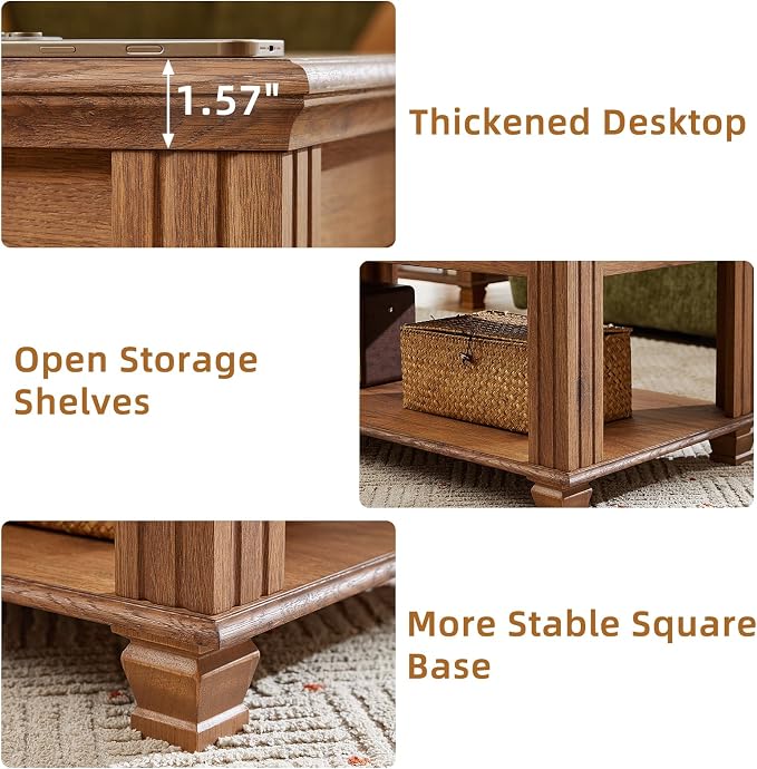 SAVOR LIFE Farmhouse Coffee Table Set of 3, Rustic Wood 3 Piece Coffee and End Table Sets with Open Shelf for Living Room, Brown