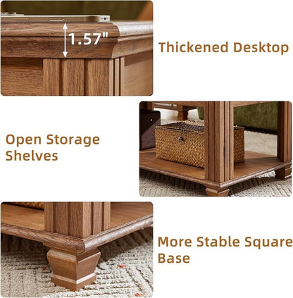 SAVOR LIFE Farmhouse Coffee Table Set of 3, Rustic Wood 3 Piece Coffee and End Table Sets with Open Shelf for Living Room, Brown