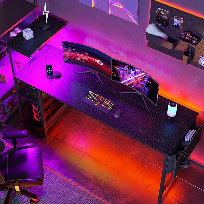 Bestier 61 Inch Gaming Desk with LED Lights, Reversible Shelves, Height Adjustable Shelf, Steel Frame, CARB P2 Class Board, Black 3D Carbon Fiber