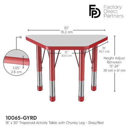 FDP Trapezoid Activity School and Classroom Kids Table (18 x 30 inch), Chunky Toddler Legs for Collaborative Seating Environments, Adjustable Height 15-24 inches - Gray Top and Red Edge