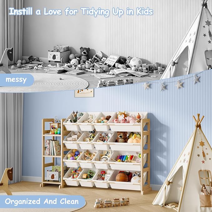 EXPERLAM Toy Storage Organizer, Toy Storage Shelf with 3 Shelves and 16 Storage Bins (12 Small + 4 Large), 3-in-1 Kids Bookshelf for Kids Rooms, Playroom, Nursery, White