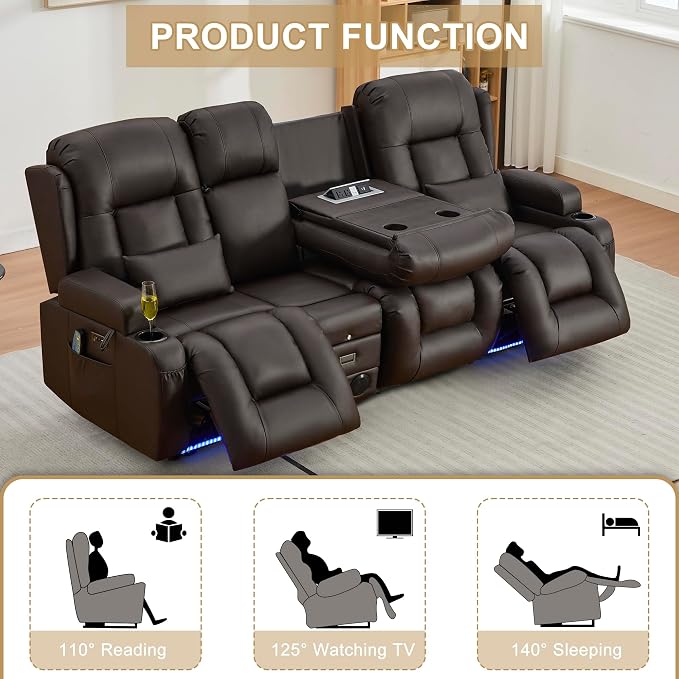 URRED Power Loveseat Recliner Sofa with Massage and Heat, Wall Hugger Reclining Loveseat with Console, RV Couch Home Theater Seating with LED Lights for Living Room (Dark Brown, 89.8" - 3 Seats)