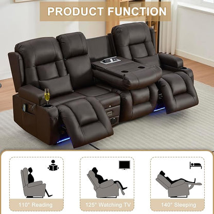 URRED Power Loveseat Recliner Sofa with Massage and Heat, Wall Hugger Reclining Loveseat with Console, RV Couch Home Theater Seating with LED Lights for Living Room (Dark Brown, 89.8" - 3 Seats)