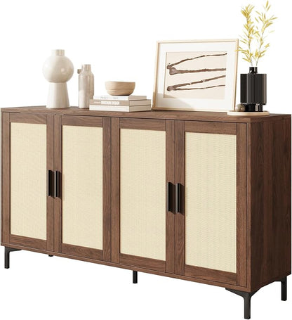 JASIWAY 48" Rattan Buffet Cabinet with Storage, Walnut Coffee Bar Cabinet | Storage Buffet With Doors and Adjustable Shelves, Sideboard Console for Kitchen, Dining Room, Living Room, Anti-Tip