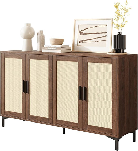 JASIWAY 48" Rattan Buffet Cabinet with Storage, Walnut Coffee Bar Cabinet | Storage Buffet With Doors and Adjustable Shelves, Sideboard Console for Kitchen, Dining Room, Living Room, Anti-Tip