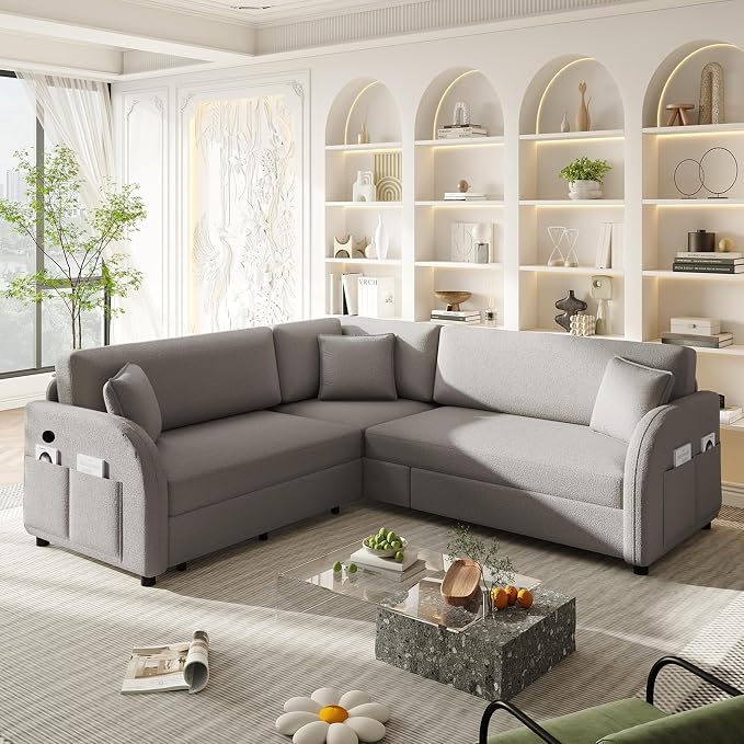 85.1" L-Shaped Pull Out Sofa Bed – Oversize Convertible Sleeper Couch with USB Ports & Side Storage, Teddy Upholstered Sectional for Living Room & Bedroom, Light Grey