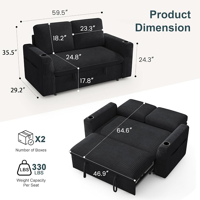 Sleeper Sofa with Pull Out Bed, Plush Corduroy Convertible Sofa Bed with Adjustable Backrest and Cup Holders, Loveseat Sleeper Couches for Living Room, Apartment, Black