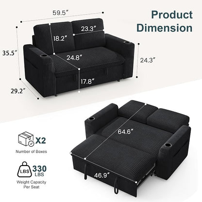 Sleeper Sofa with Pull Out Bed, Plush Corduroy Convertible Sofa Bed with Adjustable Backrest and Cup Holders, Loveseat Sleeper Couches for Living Room, Apartment, Black