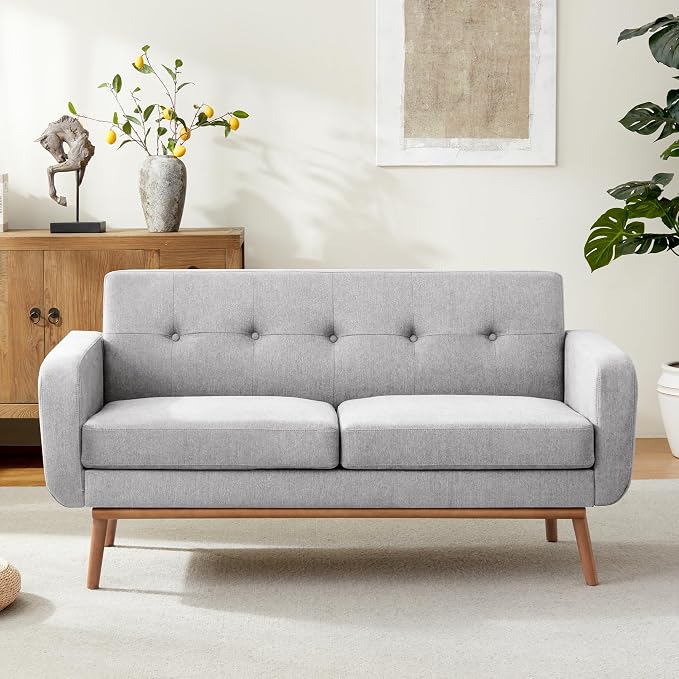 HUIMO Sofa Couch, Mid Century Modern Sofa with Solid Wood Frame, Button Tufted Couch for Bedroom, Living Room, Office, Apartment (Light Grey, 60 inch)