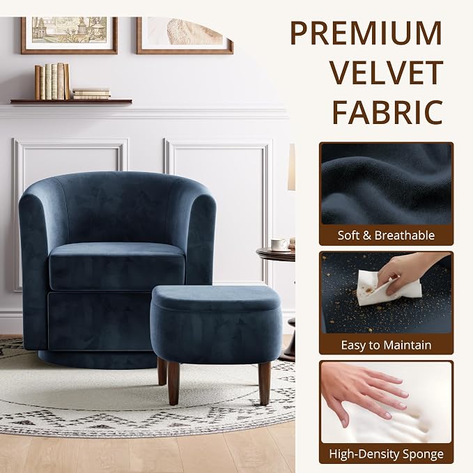 Swivel Accent Chair with Storage Ottoman Set of 2, Small Modern Velvet Barrel Chair, Upholstered Armchair with Footrest for Living Room/Reading/Bedroom, 24.8'' D x 25.38'' W x 25.6'' H, Blue