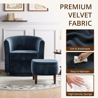 Swivel Accent Chair with Storage Ottoman Set of 2, Small Modern Velvet Barrel Chair, Upholstered Armchair with Footrest for Living Room/Reading/Bedroom, 24.8'' D x 25.38'' W x 25.6'' H, Blue