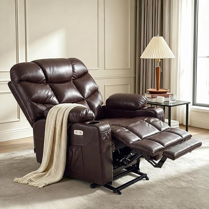 MCombo Oversized Power Lift Recliner Chair with Extended Footrest, Extra Wide for Big and Tall Elderly People, Faux Leather R7289 (Dark Brown, Medium-Wide)