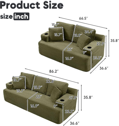 Boneless Sofa Couch Set with Cup Holders & Side Pockets, Modern Corduroy Fabric Upholstered 3-seat Couch & Loveseat Set with 4 Throw Pillows for Living Room, Office, No Assembly (Green)