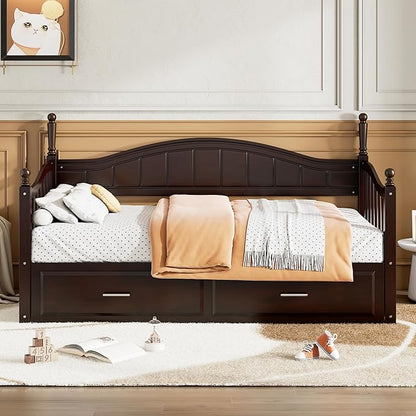 Merax Modern Wood Daybed with Pop Up Trundle Twin to King Extendable Sofa Bed Frame for Kids Teens Adults/No Box Spring Needed Espresso