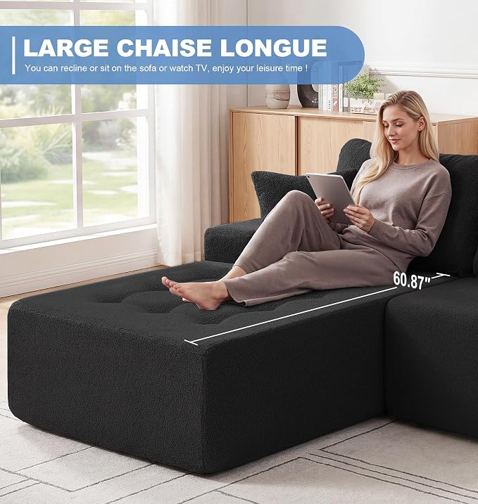 Hobestluk Modular Sectional Sofa Couches L-Shape Couch 3 Seat Modular Sofa Memory Foam Sectional Couches for Living Room, Cloud Couch with Oversized Chaise (Black Tufted, 108", Left Hand Facing)