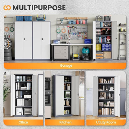Metal Garage Storage Cabinets with Lock, 72" Tall Tool Cabinet with 2 Door and 4 Adjustable Shelves, Locking Garage Cabinets and Lockable Steel Locker for Home Office Warehouse-(Gray White-72”H)