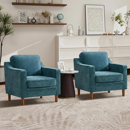 Kingfun Accent Chair Set of 2, Living Room Chairs, Mid Century Reading Armchair, Chenille with Solid Wood Foot, Upholstered Modern Decor for Bedroom, Apartment