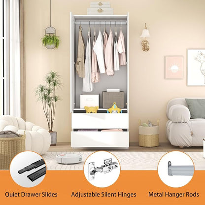 Armoire Wardrobe Closet with Drawers：75" Large White Wardrobe Closet Cabinet with 4 Doors for Hanging Clothes, Modern Wooden Bedroom Armoires with 4 Drawers and Storage (A+A, 63")