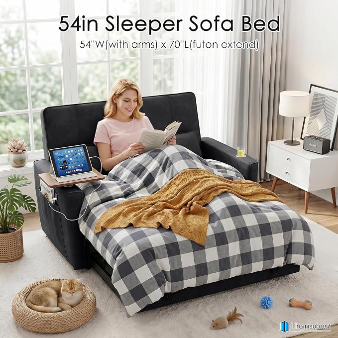 54'' Sleeper Sofa Bed, Convertible Pull Out Couch Futon for for Living Room,Apartment (Black) Side Desk, USB Ports, Cup Hold, Velvet Fabric, Adjustable Backrest, Easy Assembly